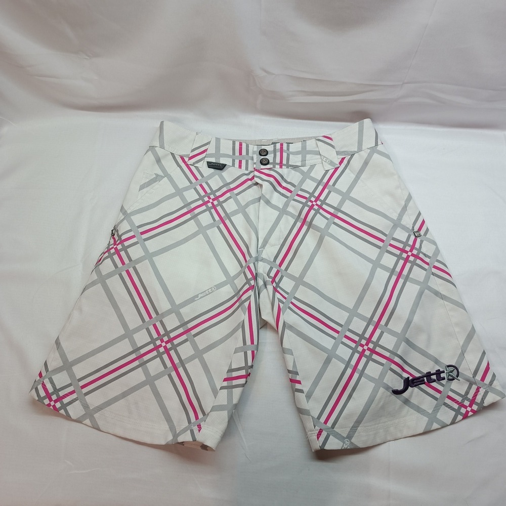 Jett Gear Womens Mountain Bike Shorts White Pink Grey Plaid Ripstop MTB Size 2
